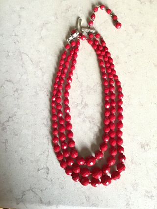 Vintage 15 Inch Triple Strand Red Faceted Glass Bead Necklace