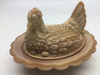 Vintage Mosser Caramel Slag Glass Hen On Nest