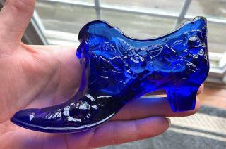 Vintage Fenton Art Glass Cobalt Blue Cabbage Rose Shoe Slipper