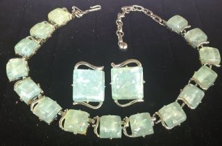 Signed Coro Vintage Sea Foam Green Confetti Thermoset Necklace Earring Set