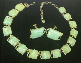 Signed CORO Vintage Sea Foam Green Confetti Thermoset Necklace Earring SET 2