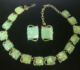 Signed CORO Vintage Sea Foam Green Confetti Thermoset Necklace Earring SET 3