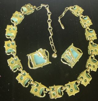 Signed CORO Vintage Sea Foam Green Confetti Thermoset Necklace Earring SET 4