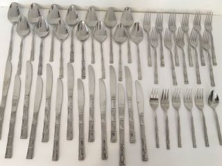 Vtg Mid Century Bamboo Stainless Korea Flatware Spoons Knives Forks 45 Piece Set