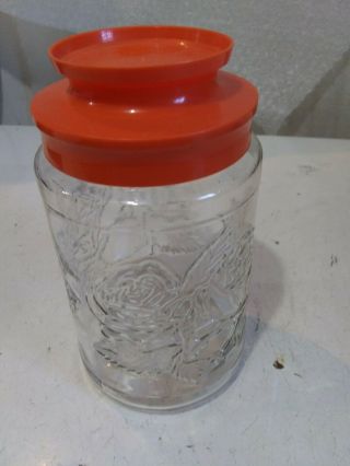 Vintage Anchor Hocking Glass Jar With Orange Lid Embossed Roses 4
