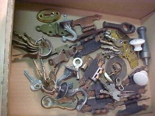Vintage Junk Box Old Hinges,  Clock Keys,  Hooks Knobs,  Etc