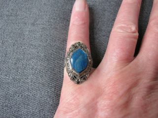 Vintage Art Deco Flapper Lapis Cab Marcasite Sterling Silver Ring Size 5 Marked