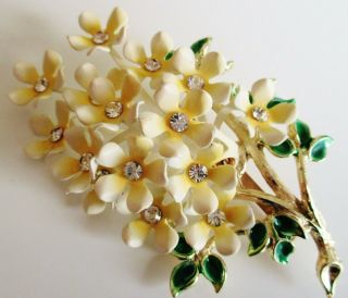 Vintage Enamel Flower Floral Bouquet With Rhinestones Soft Yellow Brooch Pin