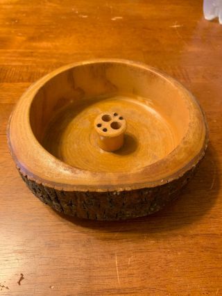 Vintage Wooden Nut Bowl Tree Rings Bark Glaze