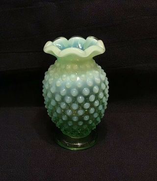 Vintage Fenton Green Opalescent Hobnail Bud Vase Ruffle Top