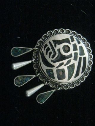 Huge Vintage Taxco Mexican Sterling 925 Turquoise Tribal Motif Pin Pendant