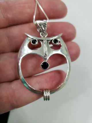 Vintage Sterling Silver Owl Onyx Gems Pendant 2 " T Necklace 18 " L (8.  7g)