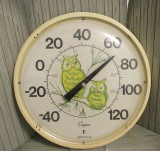 Vintage Cooper Outdoor Indoor Green Yellow Owls Thermometer 14 " Usa Plastic