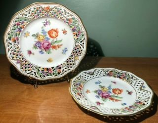 2 Vintage Shumann Germany Reticulated Openwork Hand Painted Floral Plates 7 5/8 "