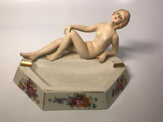 Vintage Porcelain Art Deco Nude Naked Lady Figural Ashtray Floral 2