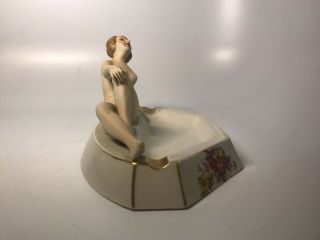 Vintage Porcelain Art Deco Nude Naked Lady Figural Ashtray Floral 3