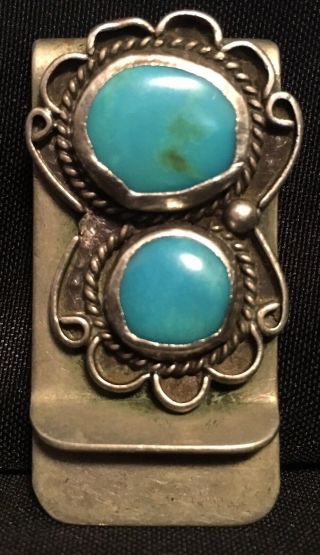 Vintage Navajo Native American Style Sterling Silver Turquoise Money Clip