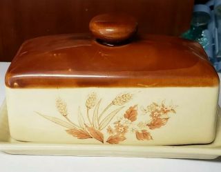 Vintage Butter Dish Wheat Flowers Brown