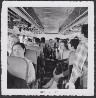 F142 - Sad Looking Young Lady On Bus Full Of People Old/vintage Photo Snapshot