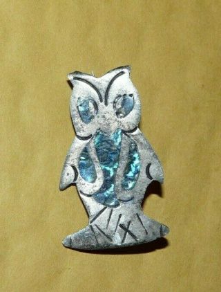 Vintage Designer Mexico " 925 " Sterling Silver W/ Abalone " Owl " Pin Brooch Signed