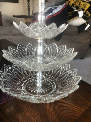 Vintage Clear Glass Crystal 3 - Tier Serving - Tidbit Party Tray/dish