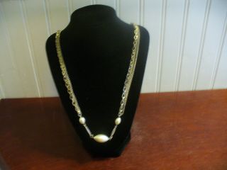 Vintage 3 Strand Light Goldtone Metal Chain & Faux Pearl Bead 56 " Necklace