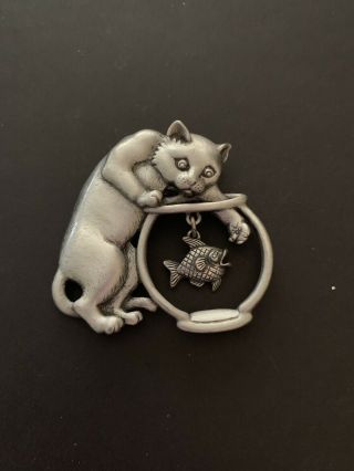 Vintage Jj Jonette Pin Brooch Signed Dangling Fish Cat With Paw In Fish Bowl 2 "