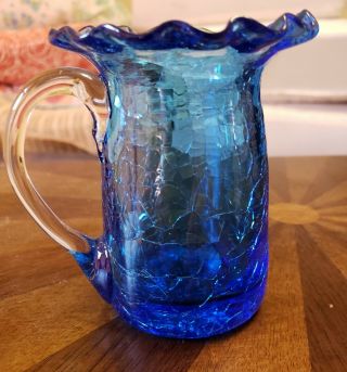 Vtg Colbalt Blue Crackle Glass Vase Pitcher Fluted Rim Clear Handle