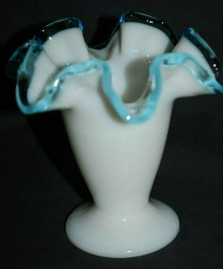 Vintage Fenton Milk Glass Aqua Blue Crest 4 " Double Crimped Ruffled Mini Vase