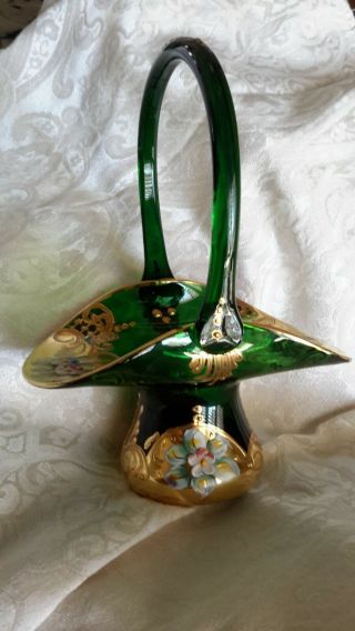 Vintage Bohemian Czech Emerald Green Gold Overlay Enameled Flowers Basket Vase