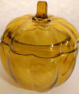Vintage 7.  5 " Tall Pumpkin Candy Cookie Jar Gold Golden Cookie Snack Glass Jar