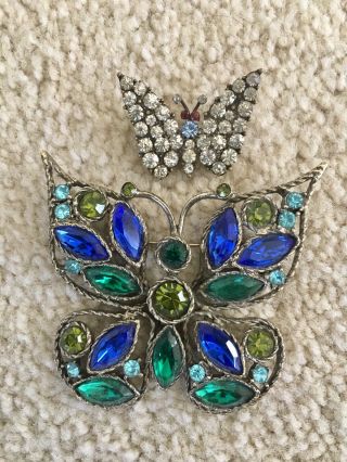 Vintage 2 Large & Small Butterfly Rhinestone Pins Brooch Blue Green