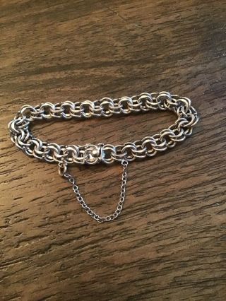 Vintage American Sterling Silver Dbl Link Charm Bracelet W Safety Chain & Latch