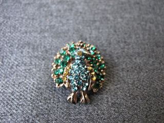 Vintage Estate Colors Rhinestones Golden Metal Miniature Peacock Pin