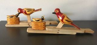 2 Vtg Hand Carved Mama Birds Feeding Baby Made In Ussr/russian Wood Action Toy