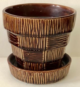 Vintage Mccoy Art Pottery Large Brown Basket Weave Planter Flower Pot Saucer Usa