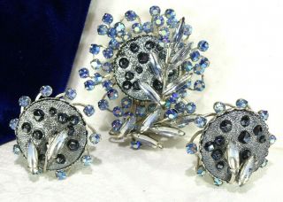 Vtg Judy Lee " Large " Blue Disc Art Glass/blue Cab/ab Rs Brooch Pin Earring Set