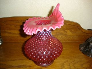 Vintage Fenton Glass Opalescent Cranberry Pink Hobnail Ruffle Top
