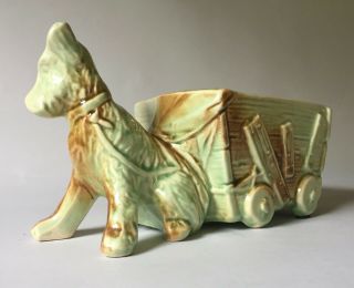 Darling 1952 Vintage Mccoy Dog With Cart Planter - Green & Ivory W/brown Spray