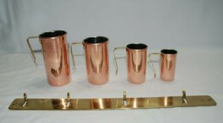 Vintage Copper Measuring Cup Set With Brass Hanging Rack