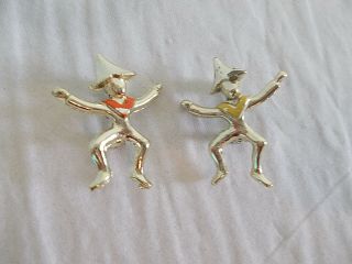 2 Lovely Vintage Mid Century Silver Tone Dancers In Hats Brooch Pin