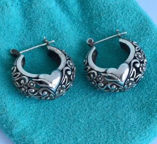 Vintage Gypsy 925 Sterling Silver Heart Filigree Art Deco Round Hoop Earrings