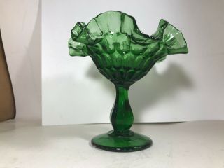 Vintage Green Pressed Glass Ruffle Rim Thumbprint Compote 6”