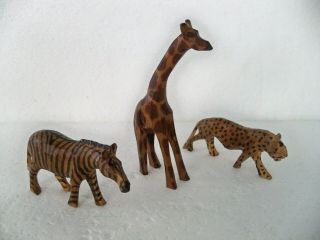 3 Vintage Hand Carved Wooden Safari Animals From Africa Garaffe - Zebra - Leopard