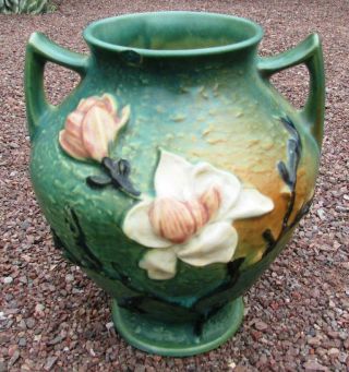 Vintage Roseville Art Pottery Magnolia Pattern 2 Handle Vase 92 - 8 Teal & Brown