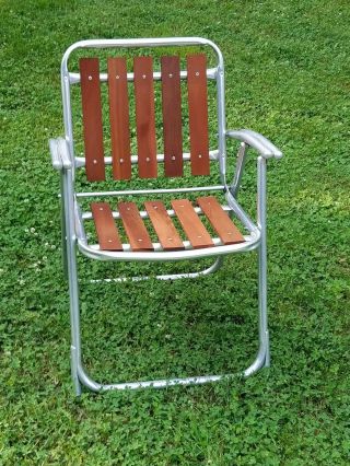 Vintage Redwood Slat And Aluminum Folding Lawn Chair Mid Century Retro Modern