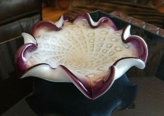Vintage Murano (?) Art Glass Ashtray Bowl White Cased Amethyst & Gold Fleck