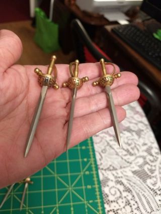 6 VINTAGE Miniature Toledo Bar Cocktail Tooth Picks Brass Metal Sword Holder Set 3