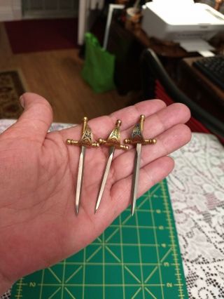 6 VINTAGE Miniature Toledo Bar Cocktail Tooth Picks Brass Metal Sword Holder Set 4