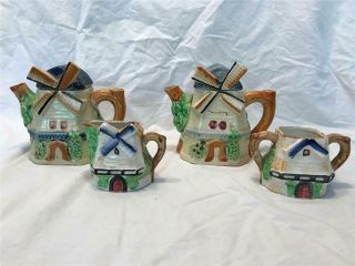 Vintage 1945 - 1952 Tea Set – 2 Teapots,  Creamer,  Sugar Bowl – With Windmill Motif
